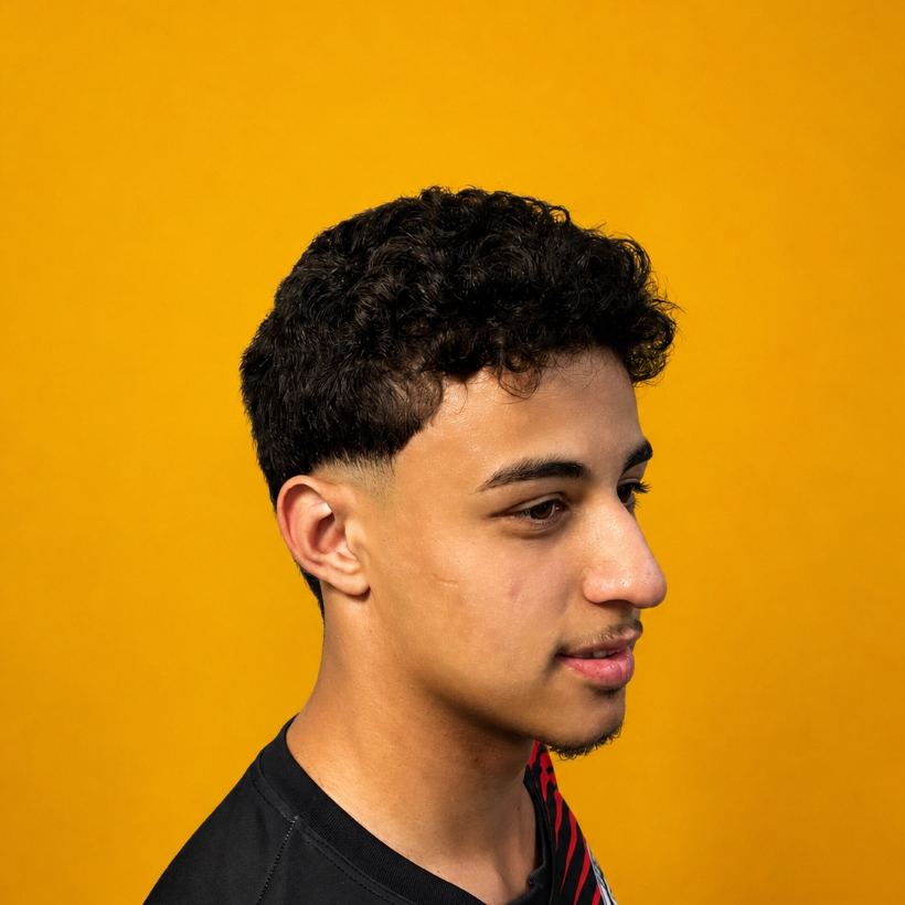 Jovem com corte de cabelo cacheado feito na Barbearia 08